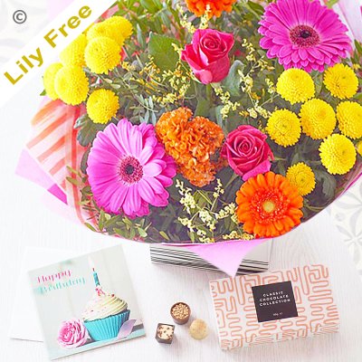 Happy Birthday lily free hand-tied bouquet with chocolates and card Code: LFBBDL1 | National delivery and local delivery or collect from our shop