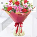 Crimson red rose and pink lily handtied Code: JGFV30006CRLB | Local delivery or collect from shop only