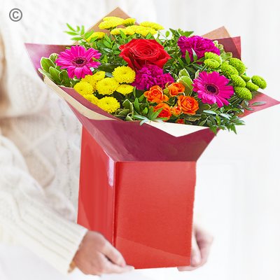 Vibrant Hand-tied with one red rose Code: JGFVBFHT3B | Local delivery or collect from our shop only