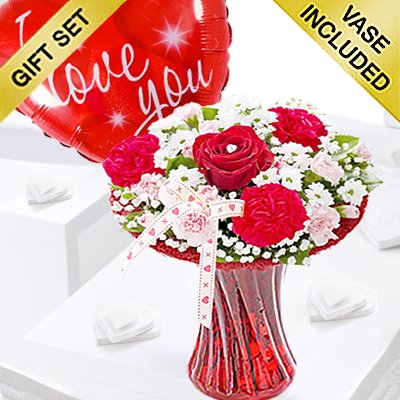 Red love vase with a fun helium I love balloon Code: JGF400RLB  | Local Delivery Or Collect From Shop Only