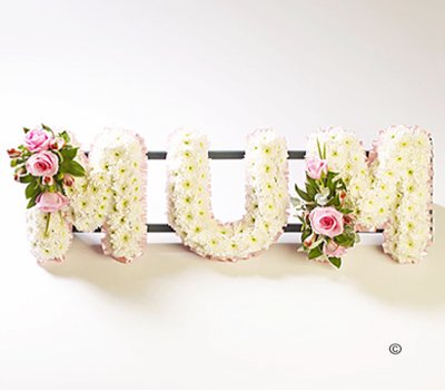 Mum funeral flower letter tribute pink and white Code: JGFF102PWM | Local delivery or collect from our shop only