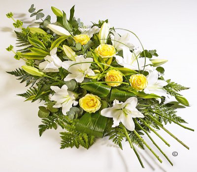 Yellow Rose and White Oriental Lily Spray Code: JGFF440FS  | Local Delivery Or Collect From Shop Only