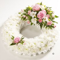 Traditional Pink and White Bassed Wreath Code: JGFF190PWW | Local Delivery Or Collect From Shop Only