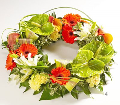 Orange, Green and Cream Exotic Wreath Code: JGFF8610  | Local Delivery Or Collect From Shop Only